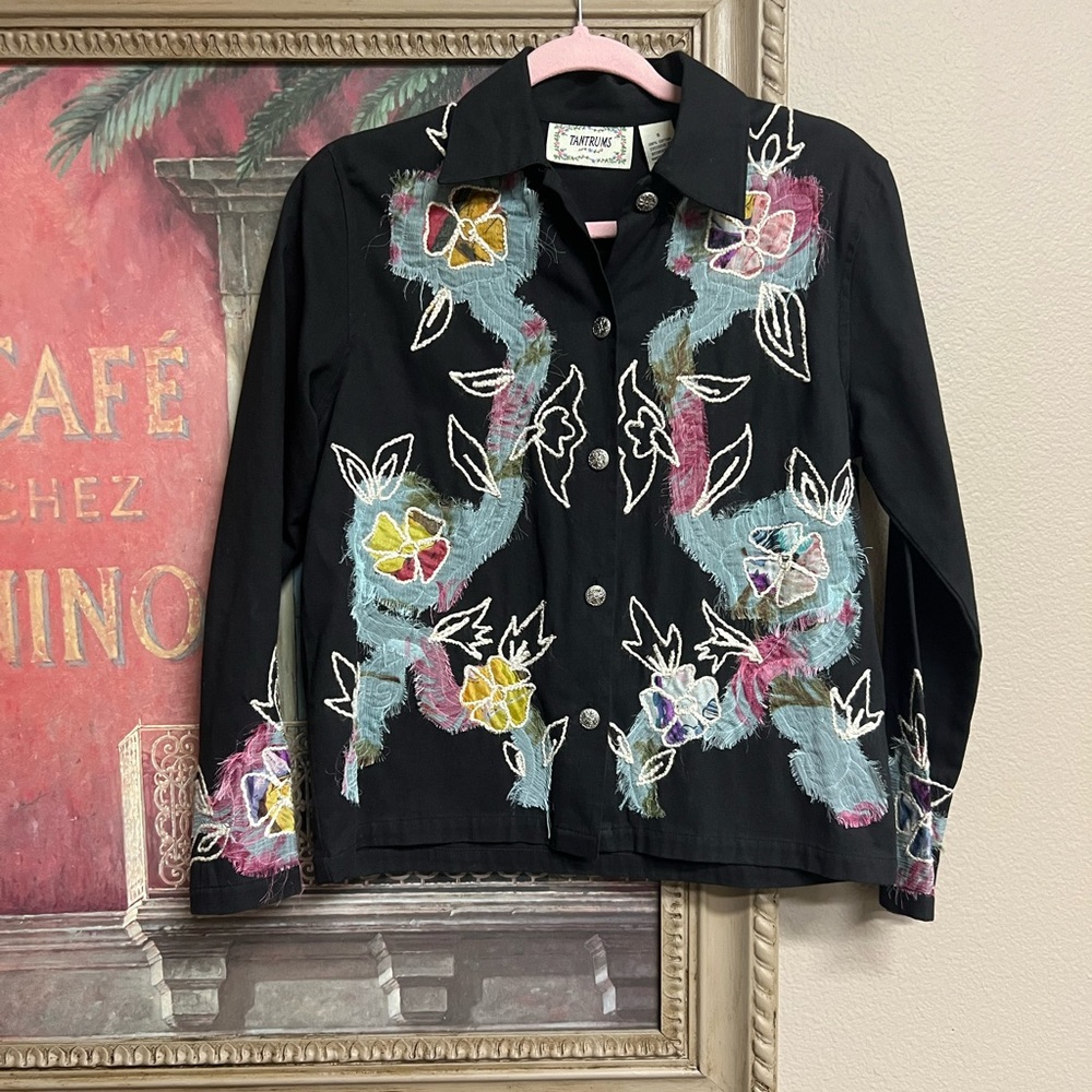 👢Tantrums Black Jean Shirt/Jacket with Floral Trim